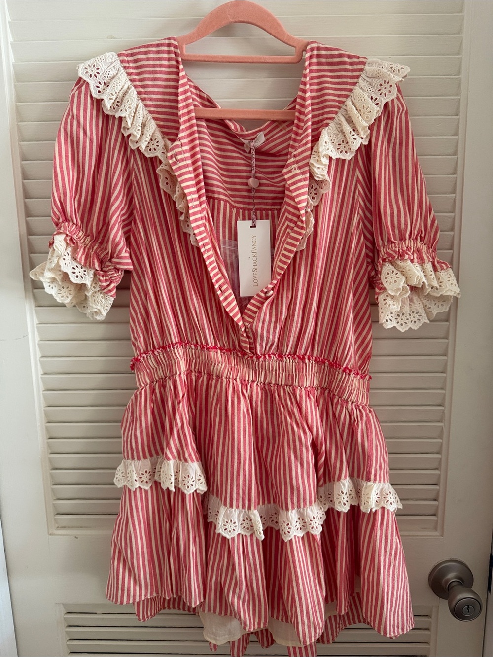 LoveShackFancy Pink and White Striped Lace-Trim Casual Dress